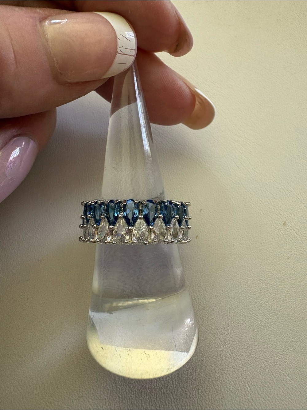 Silver over stainless Blue and White Teardrop Cubic Zirconia Eternity Ring NWOT